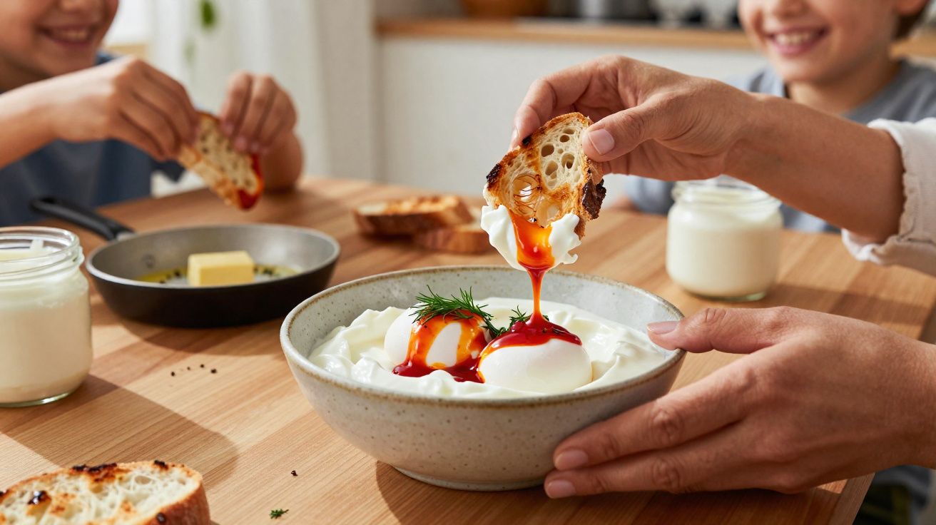 Mãos a mergulhar pão em iogurte com ovos e molho picante numa tigela, crianças ao fundo sorrindo.