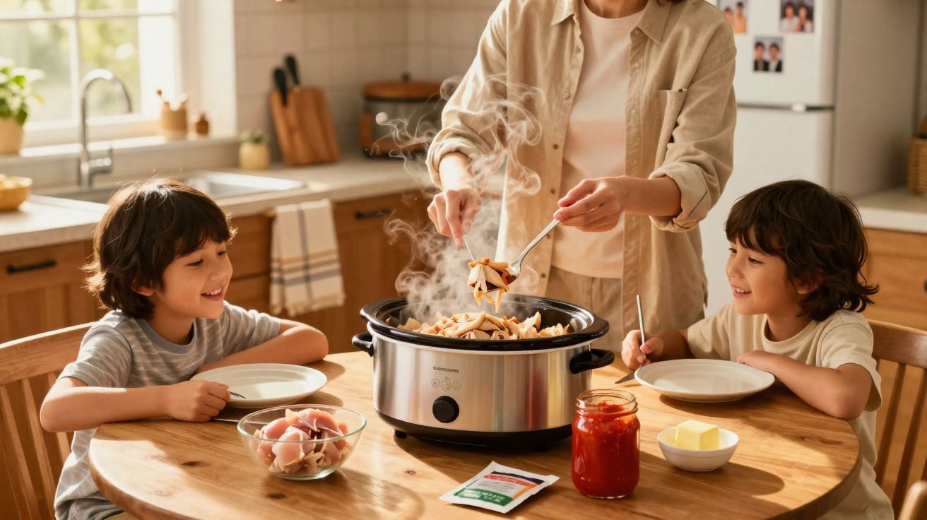 Adulto a servir comida numa panela elétrica enquanto duas crianças esperam com pratos à mesa de cozinha.