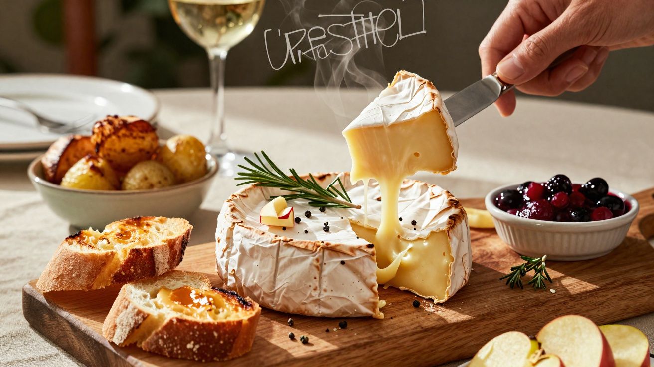 Queijo Camembert quente a derreter em cima de tábua com pão, batatas assadas, frutos vermelhos e copo de vinho branco.