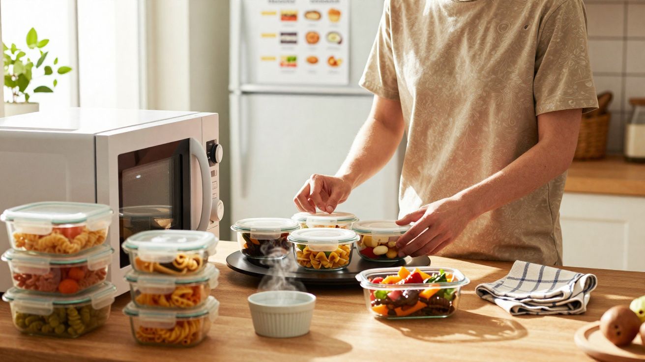Pessoa a organizar marmitas com refeições diversas numa bancada de cozinha junto a um micro-ondas.