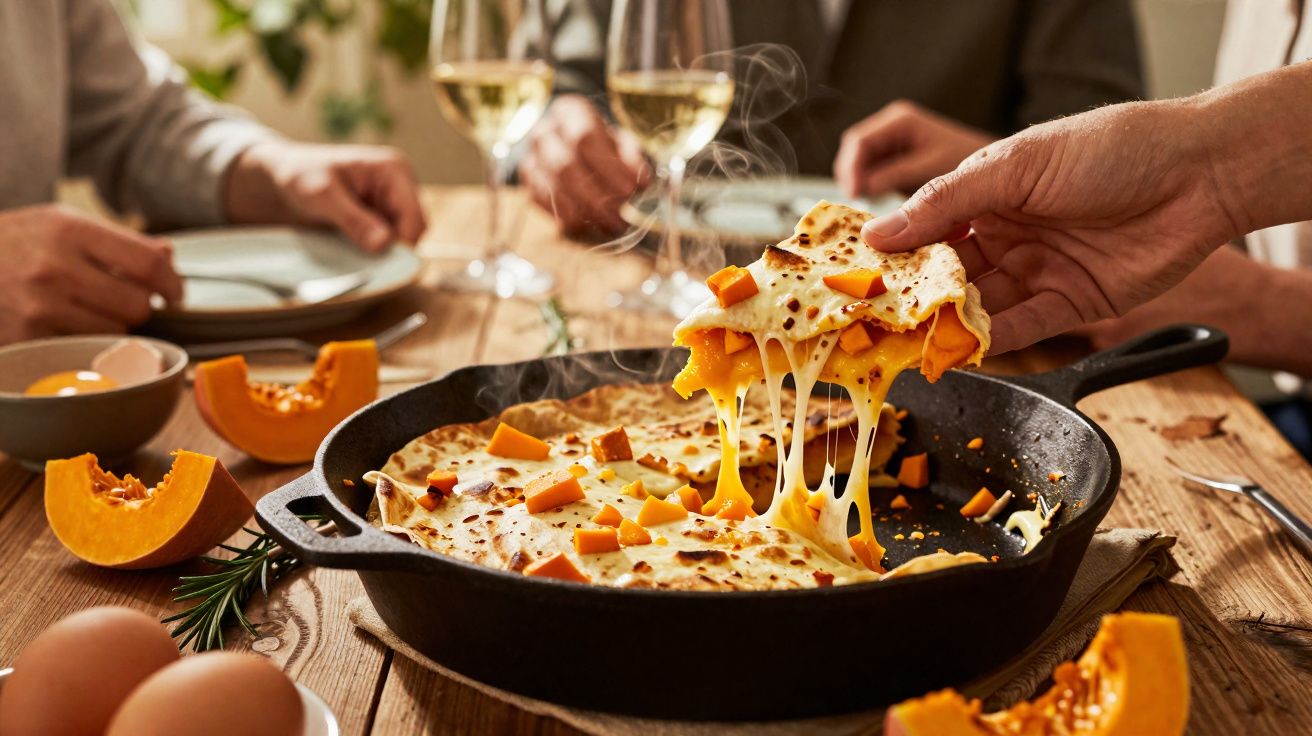 Pessoas a partilhar tortilhas com queijo derretido e abóbora numa frigideira ao centro da mesa.
