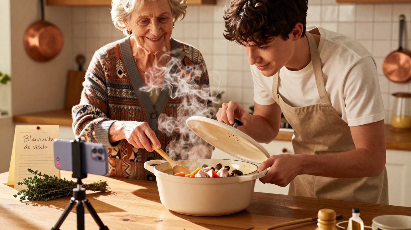Idosa e jovem cozinham juntos enquanto gravam receita de blanquette de vitela numa cozinha acolhedora.