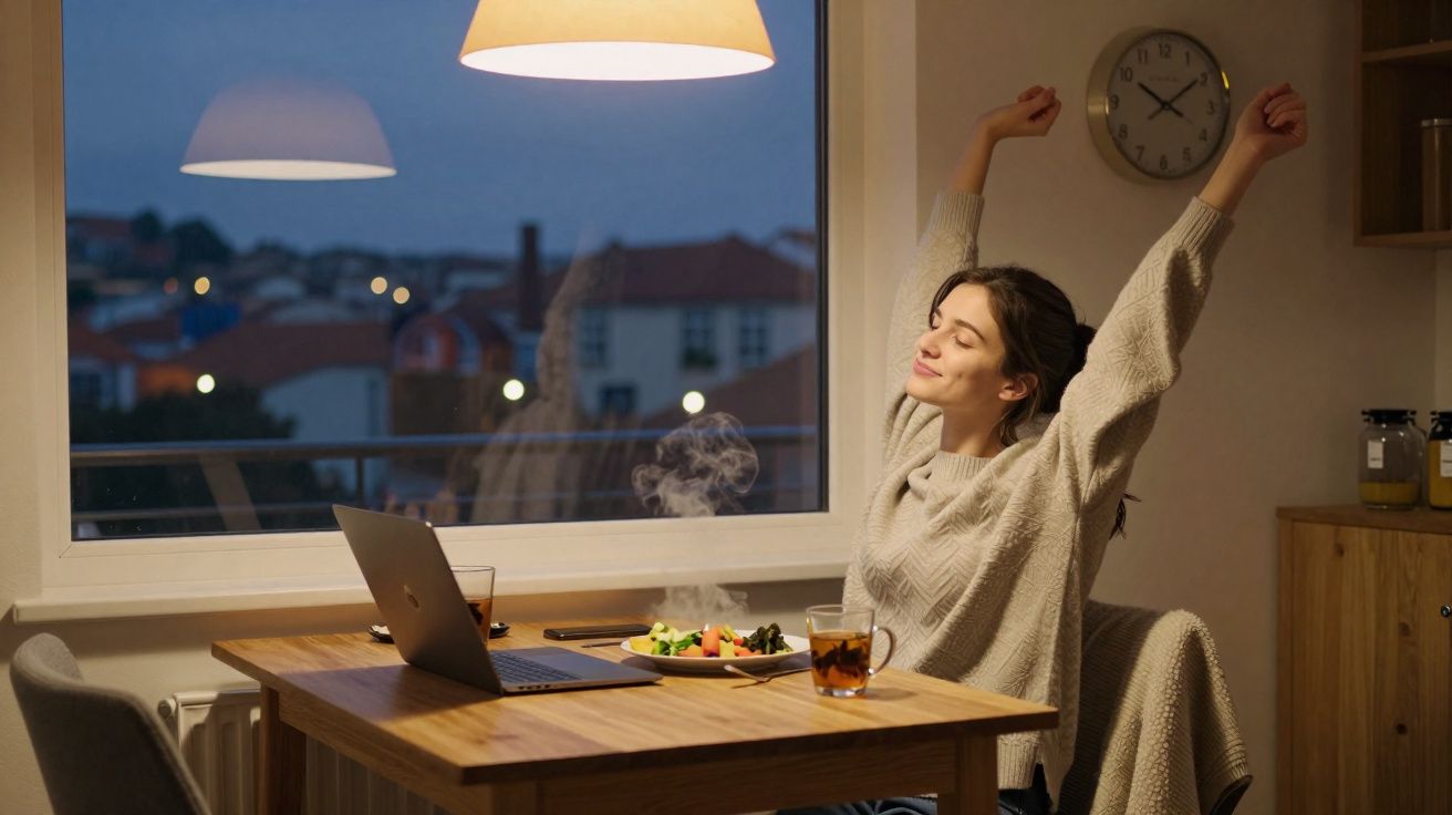 Mulher a espreguiçar-se sentada à mesa com computador, chá e comida, junto a janela com vista noturna.