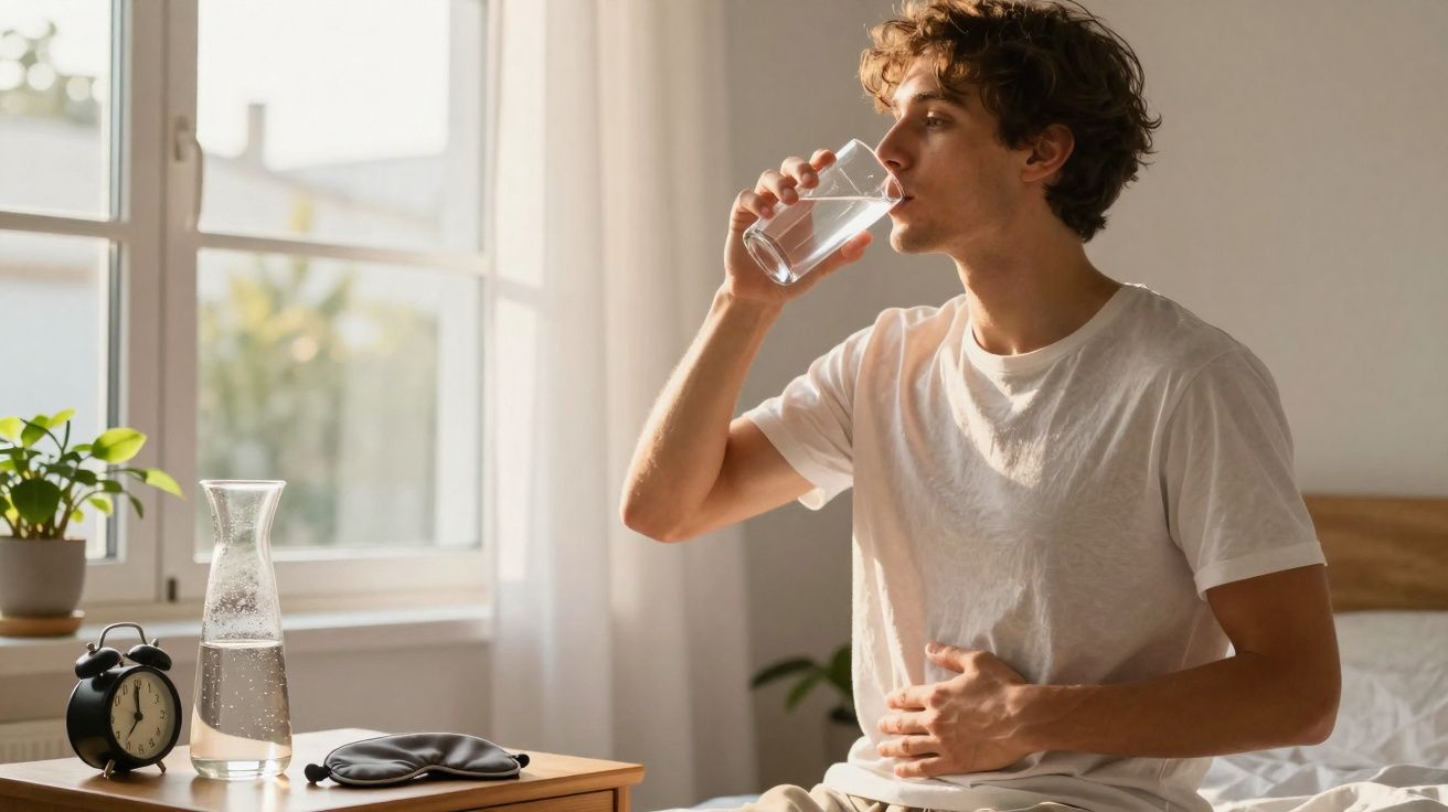 Homem jovem sentado na cama a beber água, com um relógio, jarra de água e máscara de dormir na mesa ao lado.