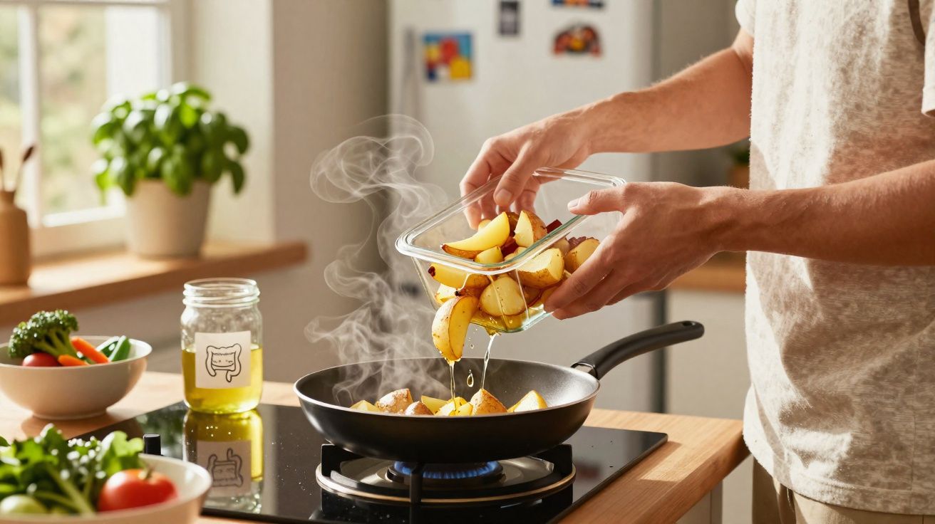 Pessoa a colocar pedaços de batata numa frigideira quente numa cozinha iluminada.