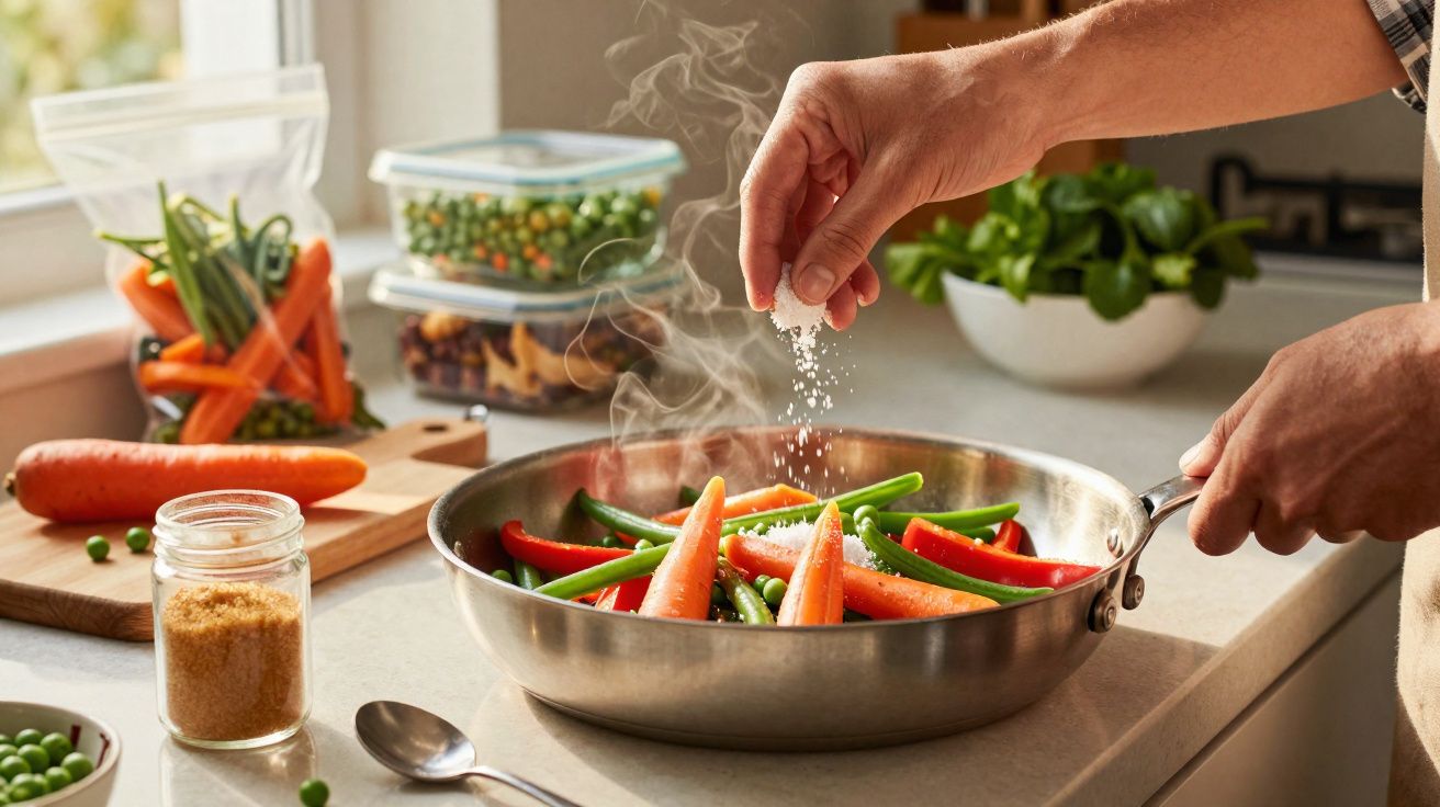 Mãos a temperar legumes frescos numa frigideira a cozinhar num ambiente de cozinha iluminado.