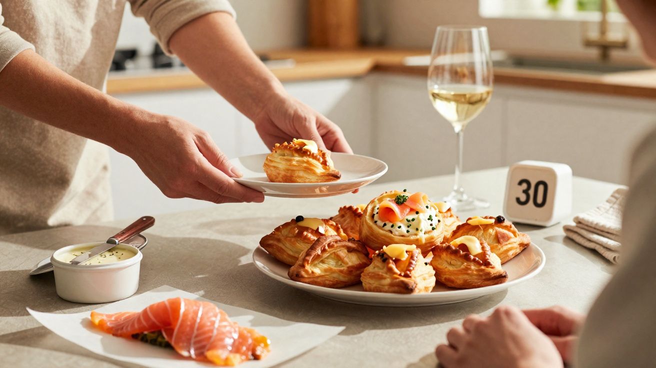 Prato com folhados recheados servidos numa mesa com copo de vinho e fatias de salmão fumado.