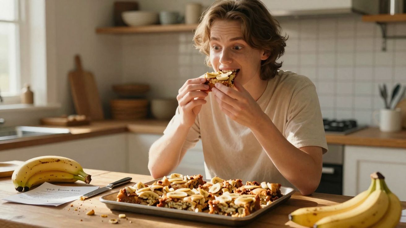 Jovem sentado à mesa a comer fatia de bolo com banana na cozinha iluminada pela manhã.