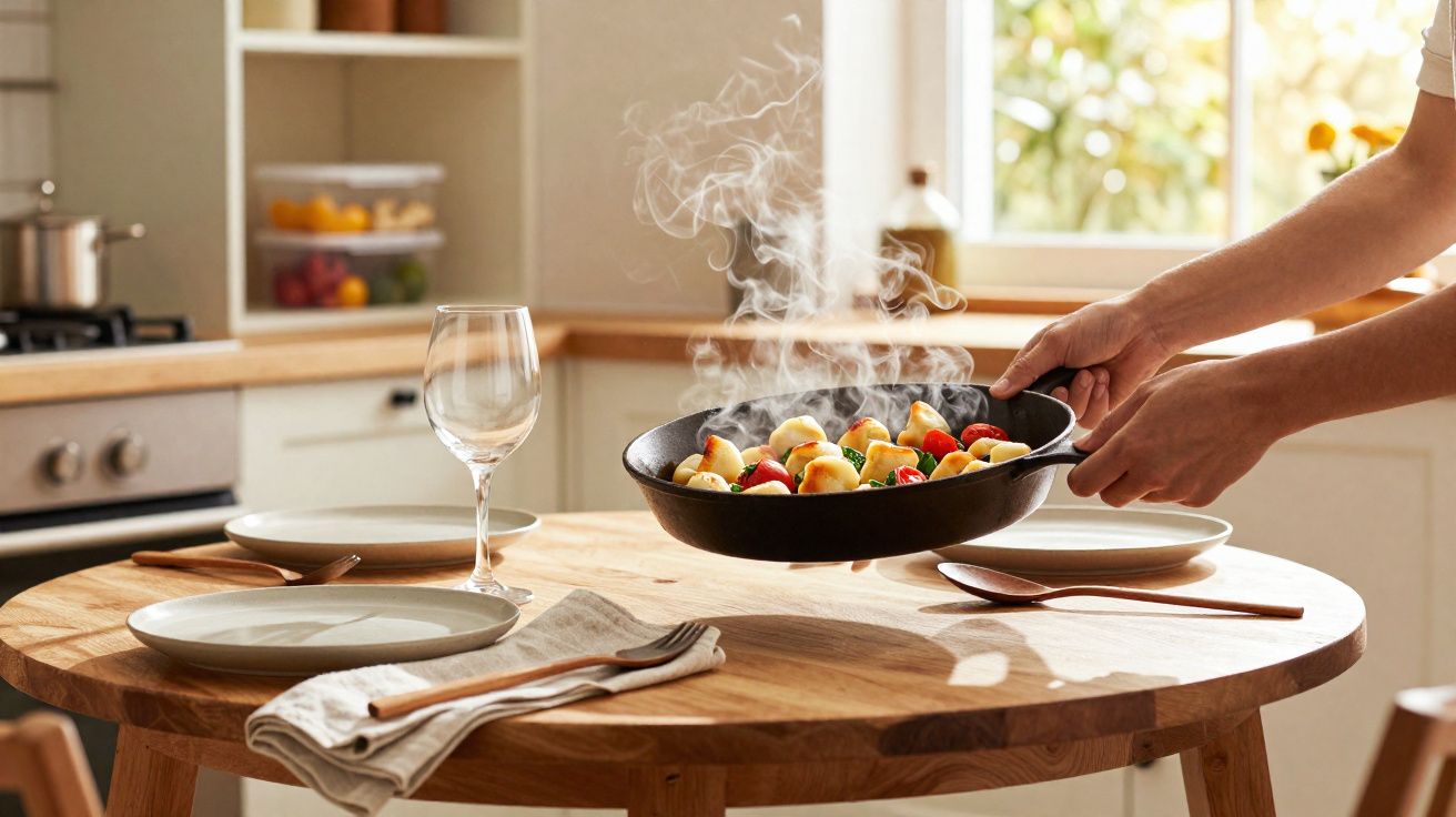 Mãos a servir comida fumegante numa frigideira para uma mesa de madeira posta para duas pessoas numa cozinha iluminada.