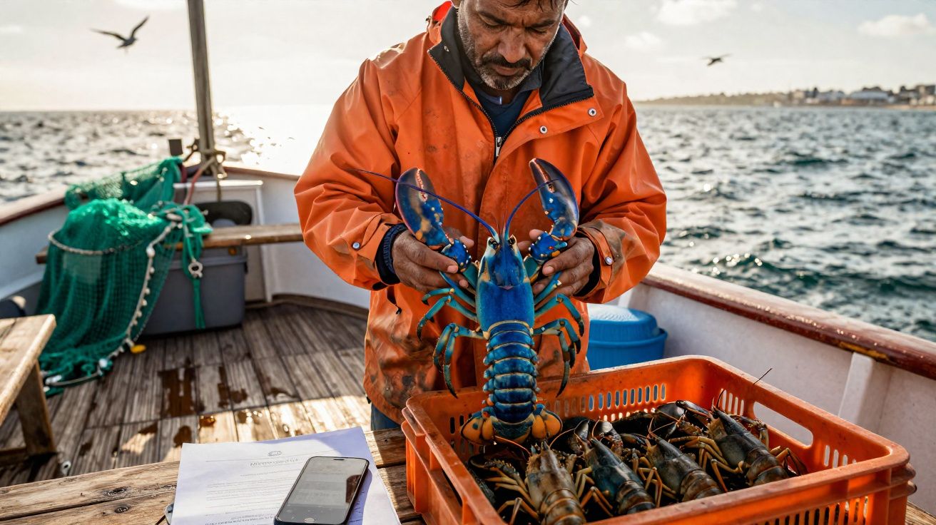Pescador a bordo de barco a segurar uma lagosta azul grande, com outras lagostas numa caixa laranja.