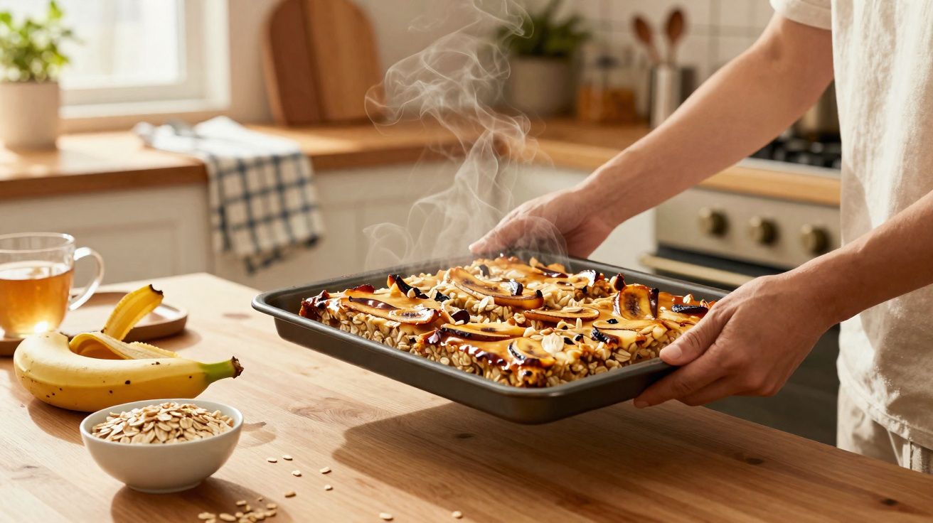 Pessoa a retirar do forno tabuleiro com bolo quente decorado com maçã e aveia numa cozinha iluminada.