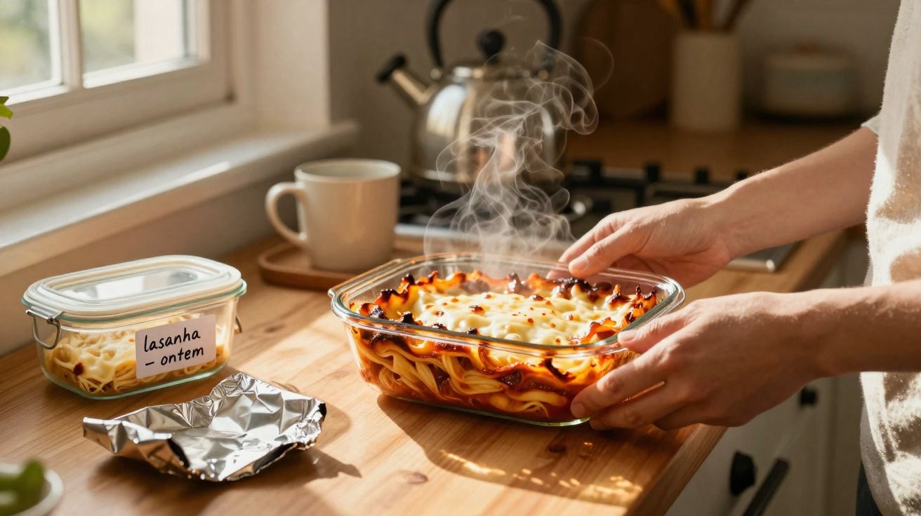 Pessoa a segurar um tabuleiro com lasanha acabada de sair do forno, com vapor a subir na cozinha.