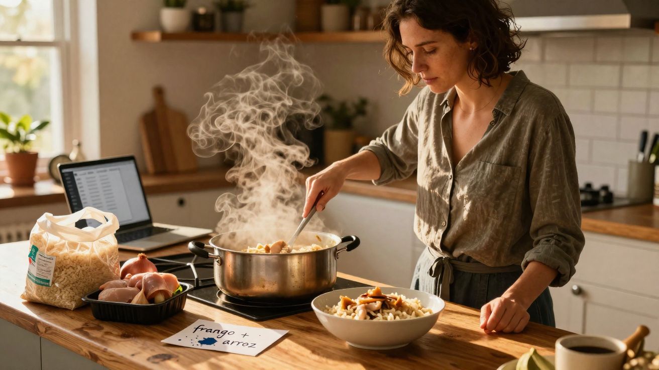 Mulher prepara frango com arroz numa cozinha luminosa com vapor a sair do tacho.