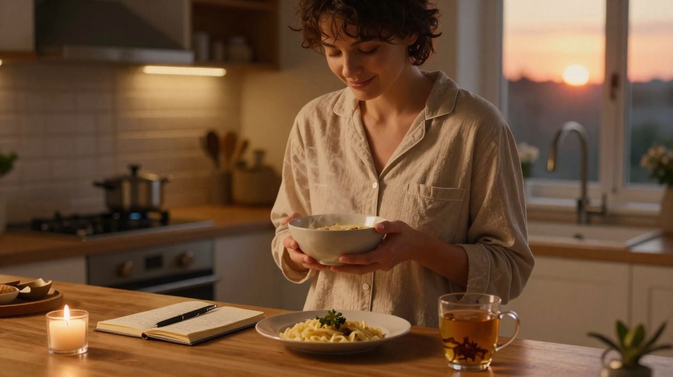 Mulher a segurar tigela na cozinha ao entardecer, com massa, chá e caderno numa mesa de madeira.