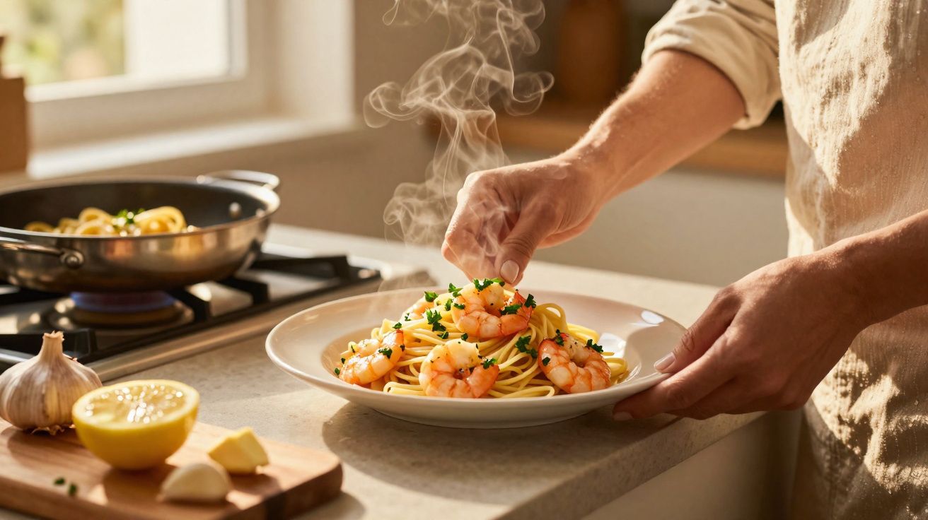 Pessoa a decorar prato de spaghetti com camarão e salsa numa cozinha luminosa.