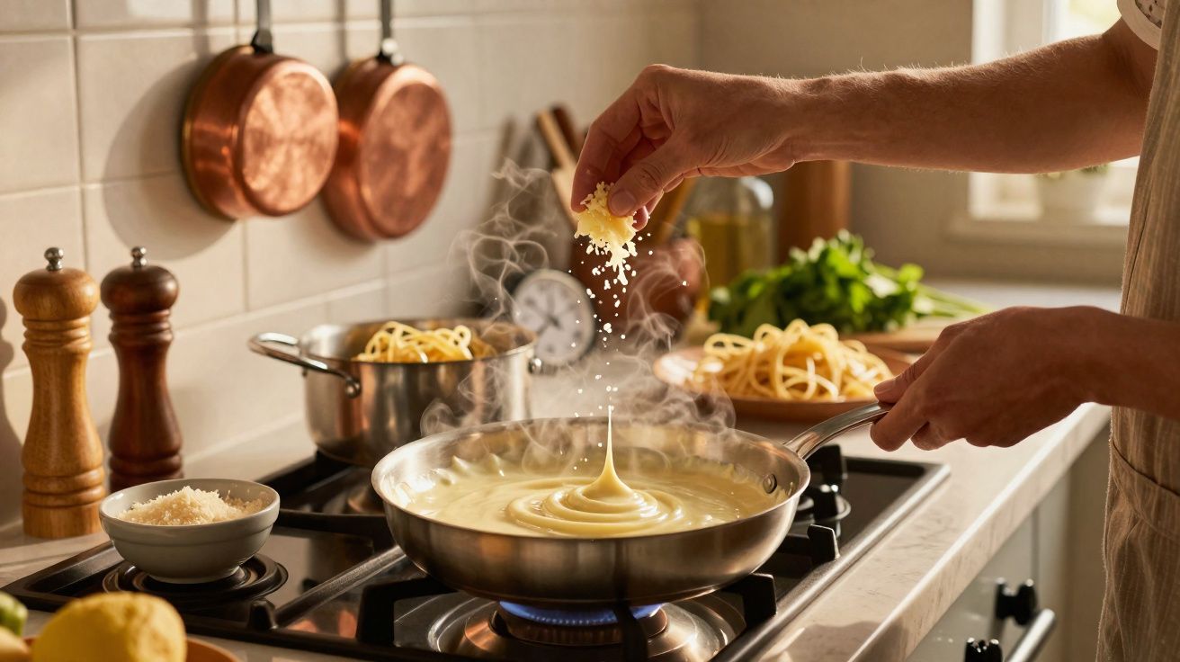 Mãos a polvilhar queijo numa panela com molho cremoso enquanto cozinha esparguete numa cozinha iluminada.