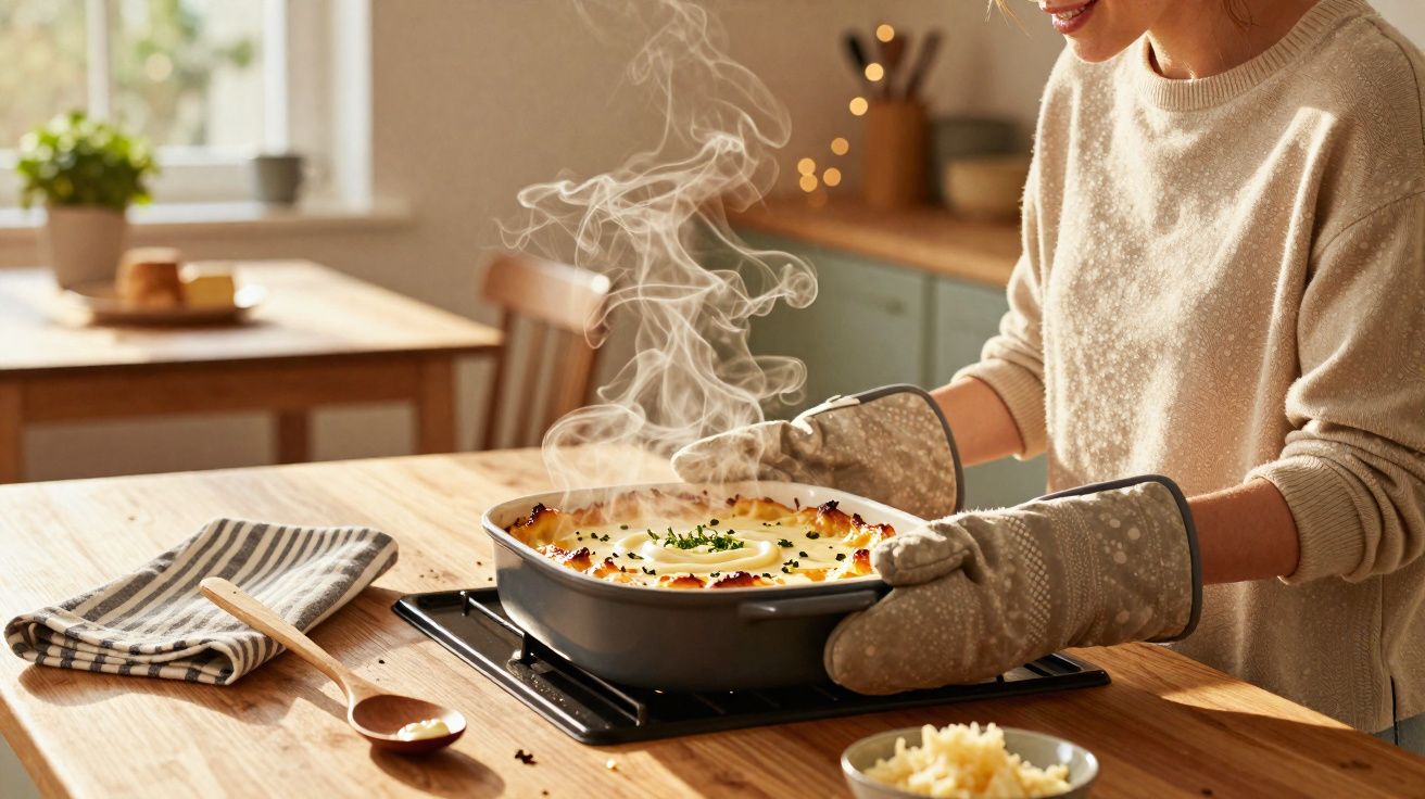 Pessoa com luvas a retirar prato fumegante de forno numa cozinha iluminada natural.