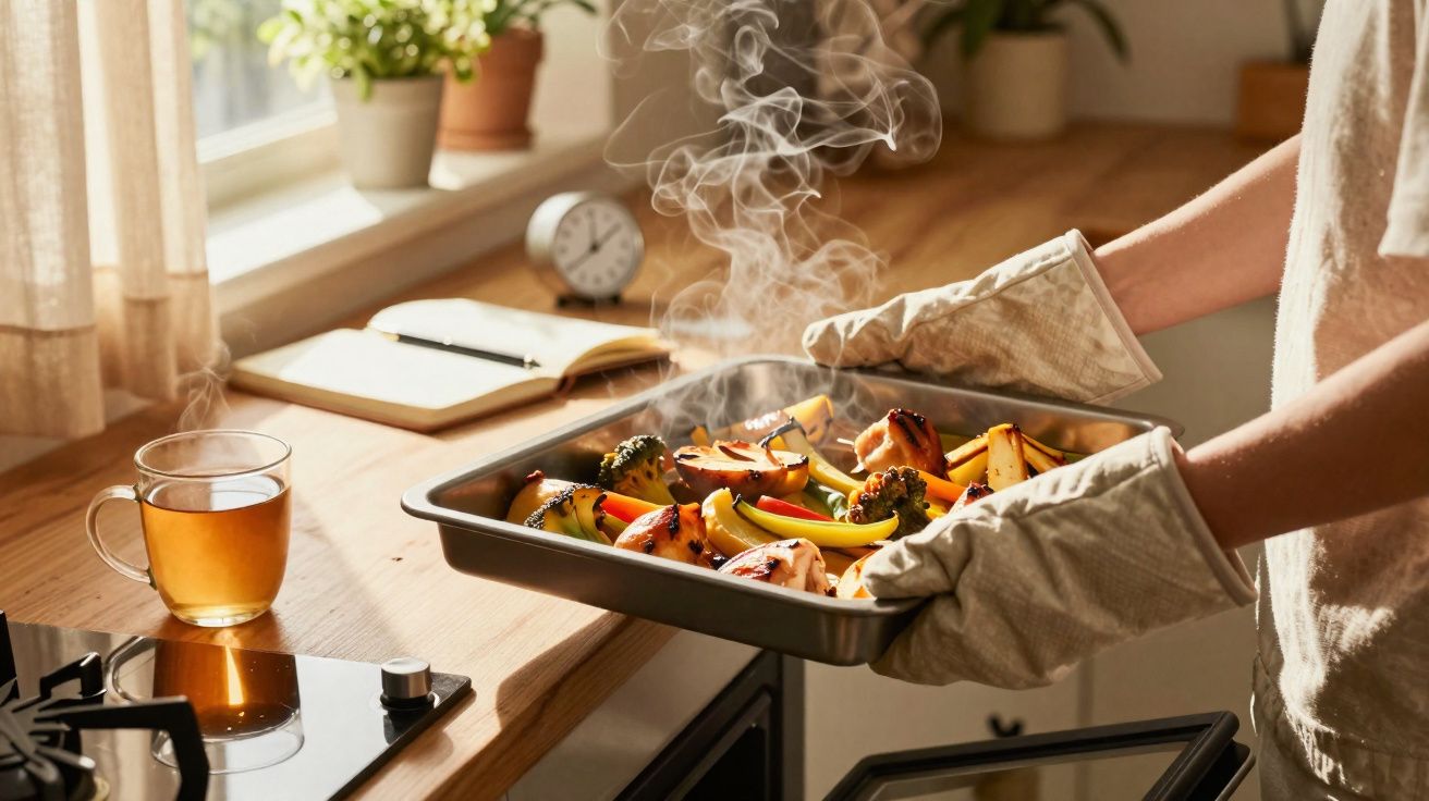 Pessoa a retirar tabuleiro com legumes assados a fumegar do forno numa cozinha iluminada por luz natural.