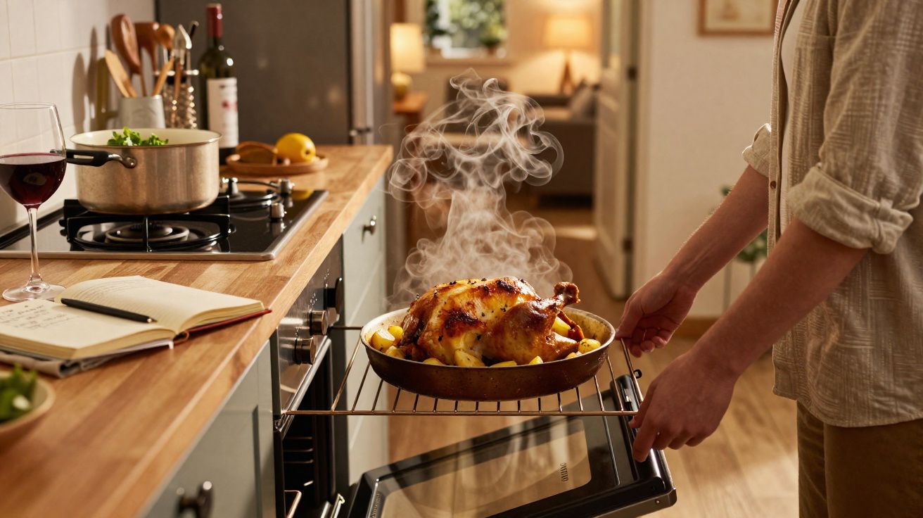 Pessoa a retirar frango assado fumegante do forno numa cozinha acolhedora e organizada.