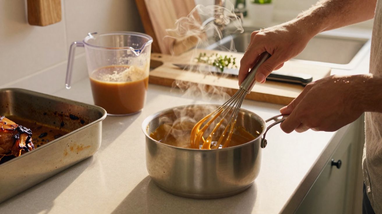 Mãos a mexer molho quente num tacho na cozinha, ao lado de assadeira com carne e jarra de vidro.