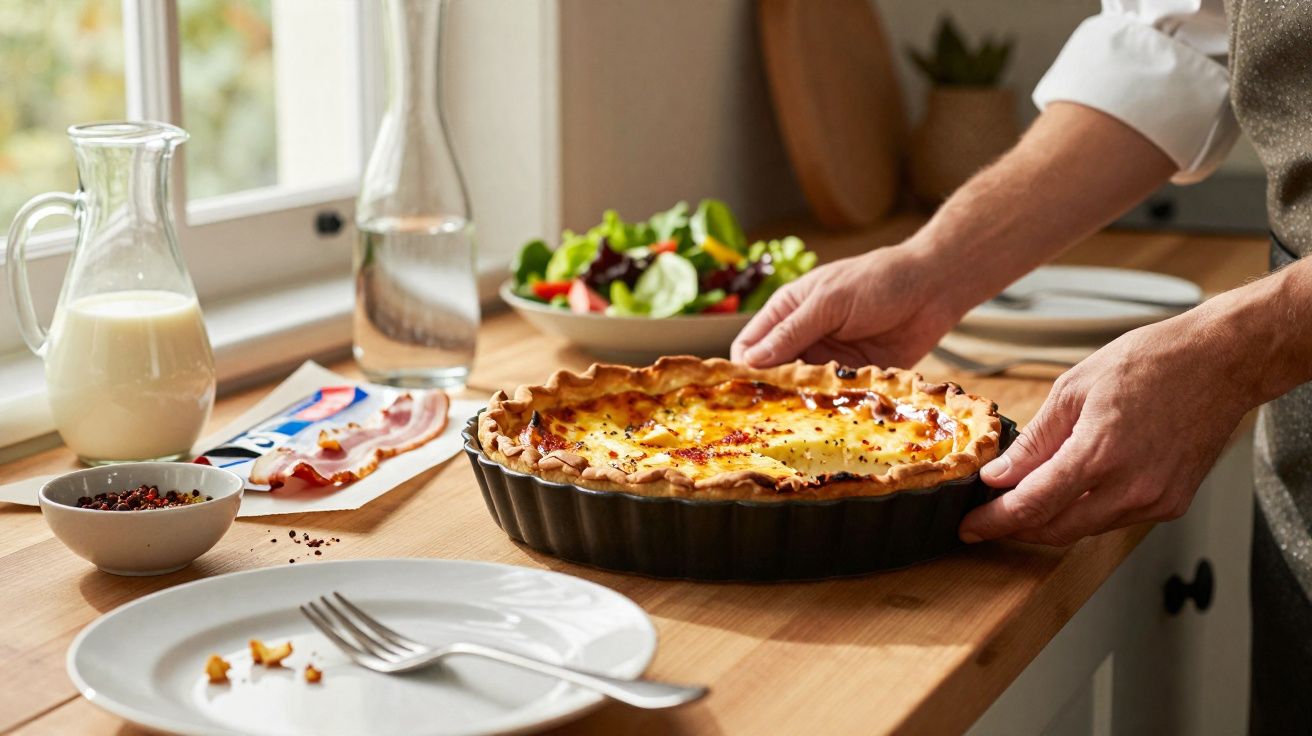 Pessoa a colocar quiche acabada de fazer numa mesa de cozinha com ingredientes e salada.