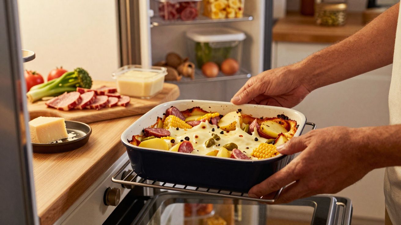 Mãos a retirar do forno uma travessa de assado com batatas, milho, chouriço e molho cremoso numa cozinha.