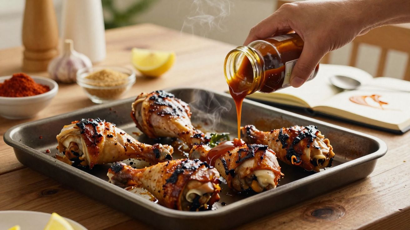 Pessoa a verter molho sobre pedaços de frango assado numa assadeira com vapor a subir.