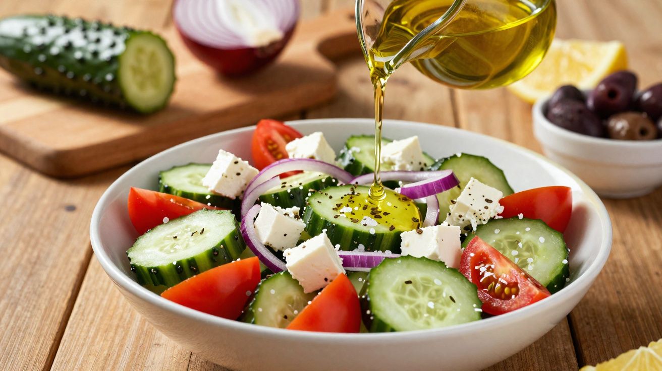 Taça com salada grega de pepino, tomate, queijo feta, cebola roxa e azeite a ser vertido por cima.