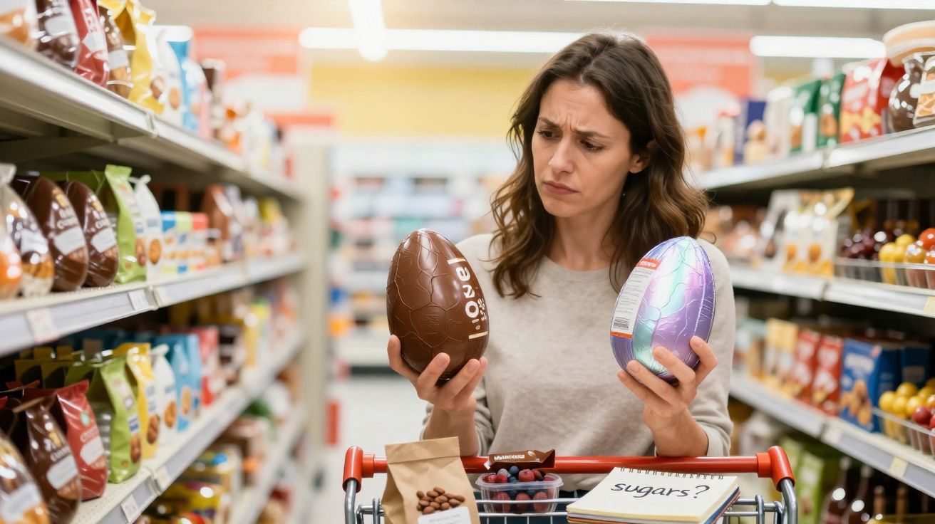 Mulher na loja a comparar dois ovos de chocolate, com expressão de dúvida, num corredor de supermercado.