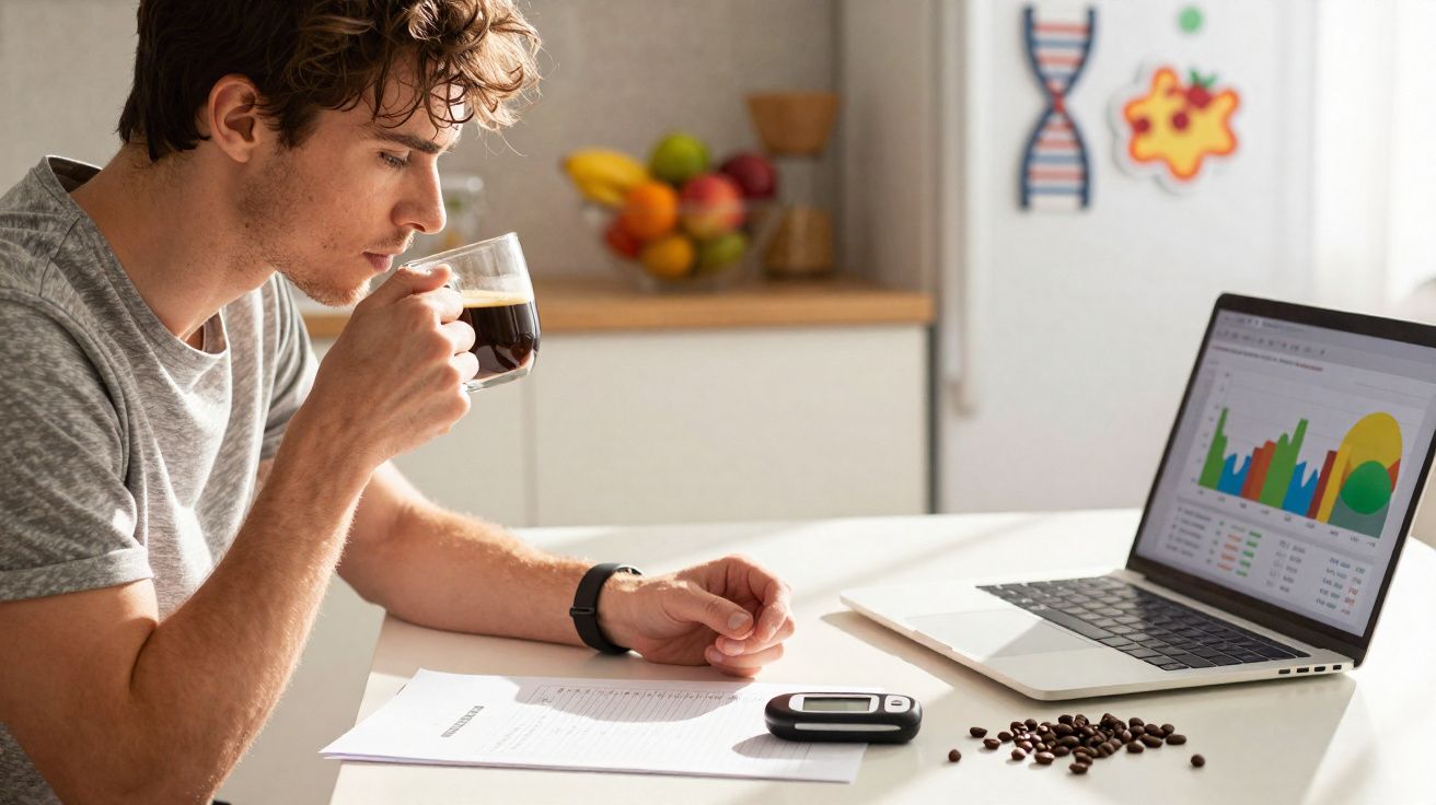 Jovem a beber café enquanto analisa gráficos coloridos num computador portátil, com grãos de café na mesa.
