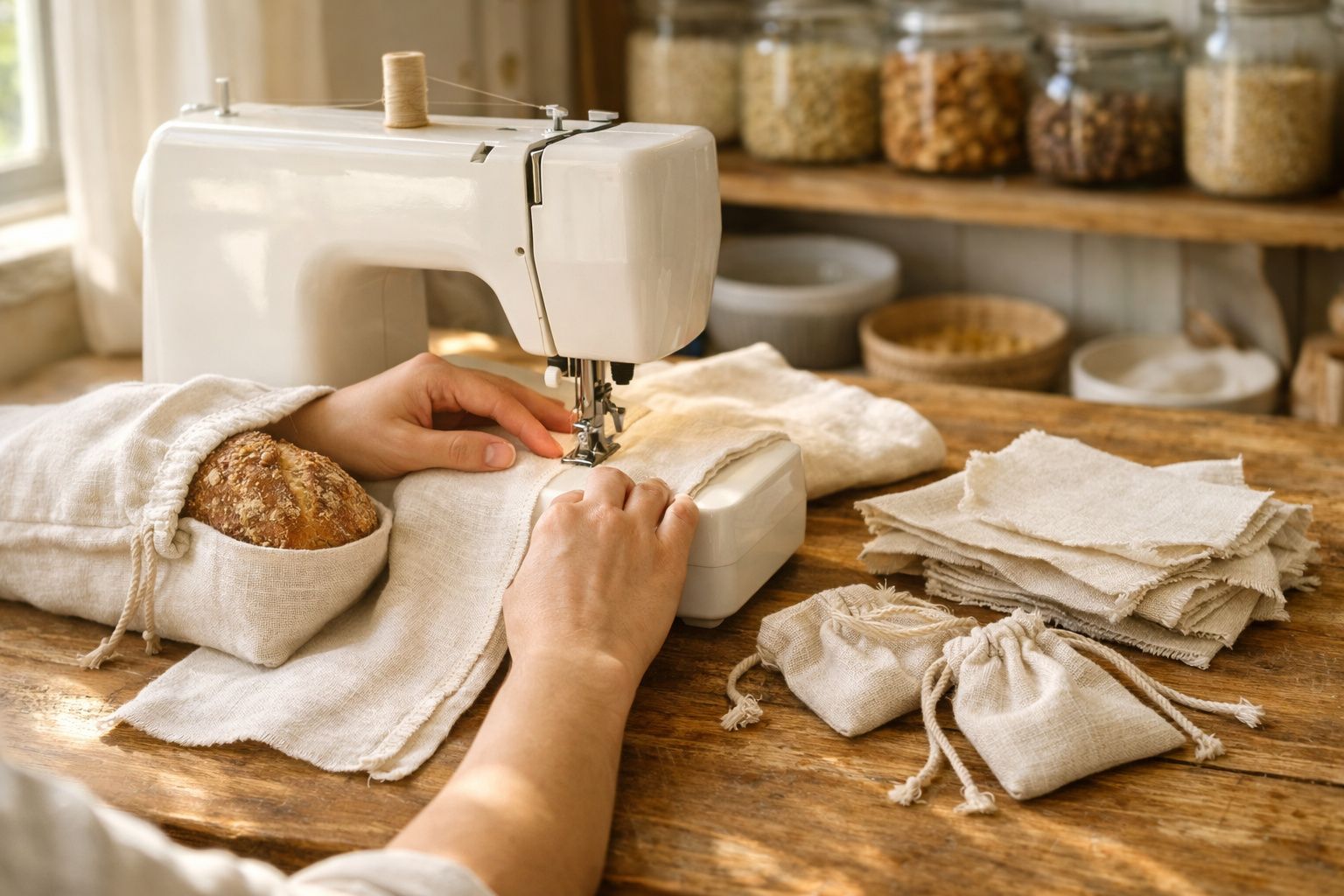 Pessoa a coser tecido cru numa máquina de costura, com bolsas de pano e pão ao lado, sobre uma mesa de madeira.