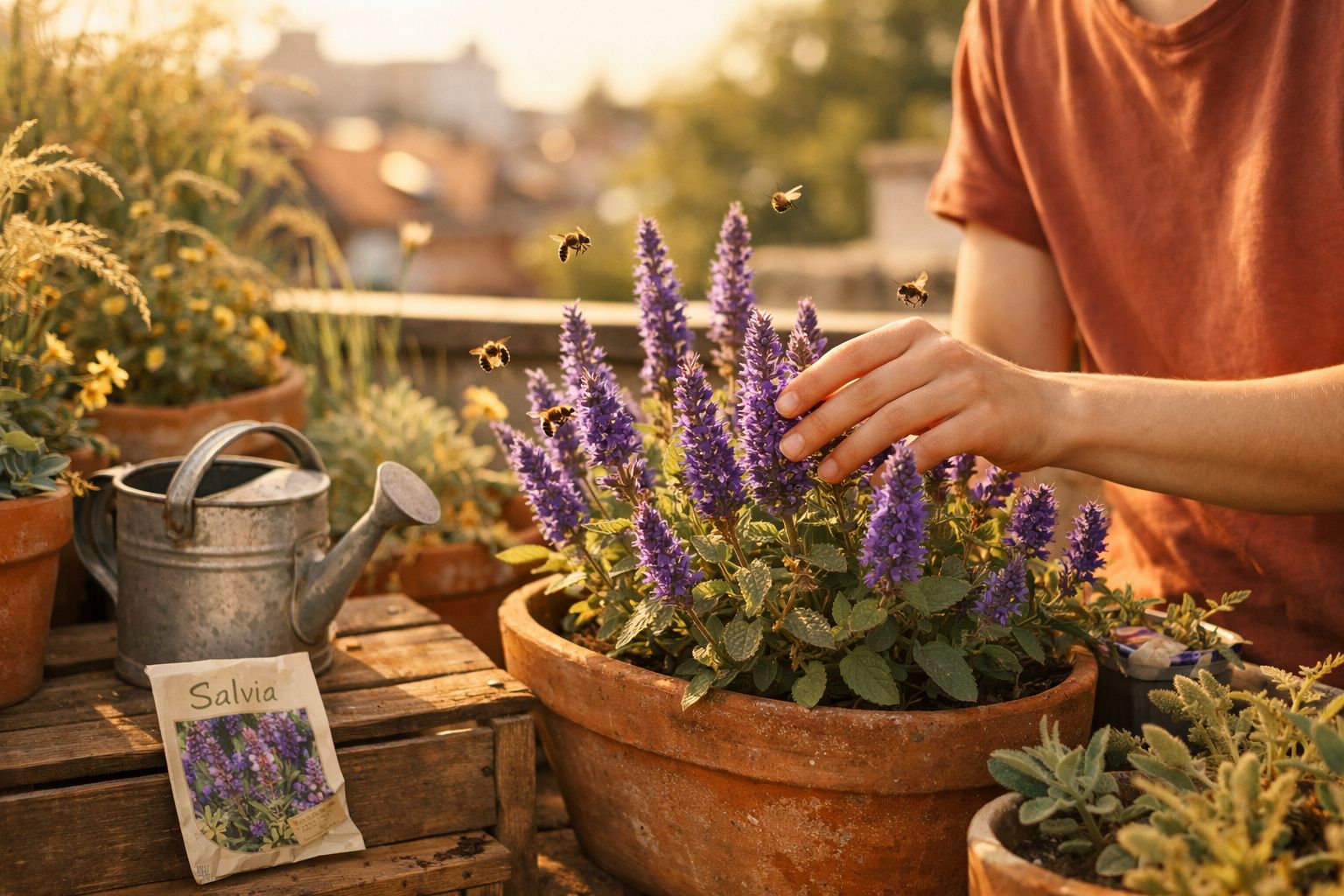 Pessoa a cuidar de salva com flores roxas, acompanhada de várias abelhas num jardim ensolarado.