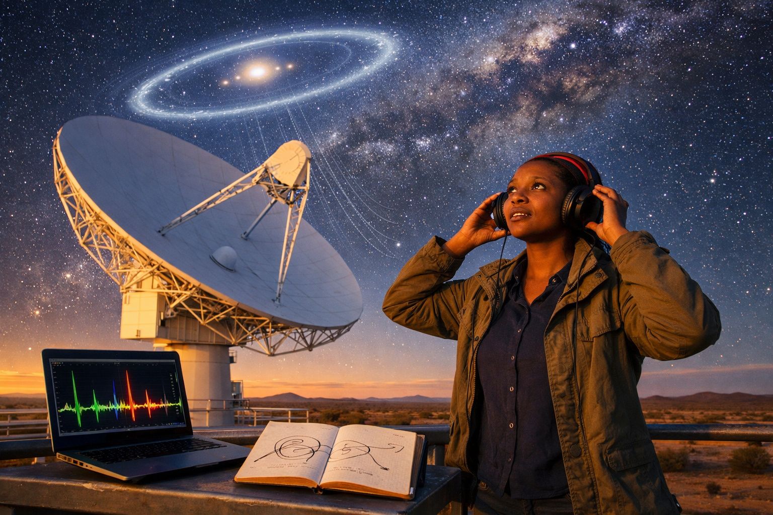 Mulher com auscultadores perto de antena parabólica, laptop e céu estrelado com galáxias visíveis.