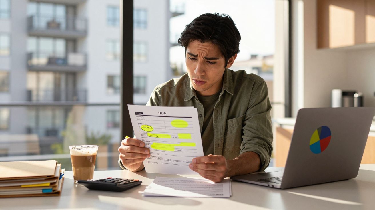 Homem preocupado a analisar faturas destacadas numa folha, sentado numa mesa com computador e café.
