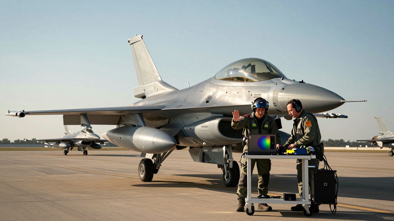 Dois pilotos em uniforme junto a um caça F-16 estacionado numa pista de aeroporto ao amanhecer.