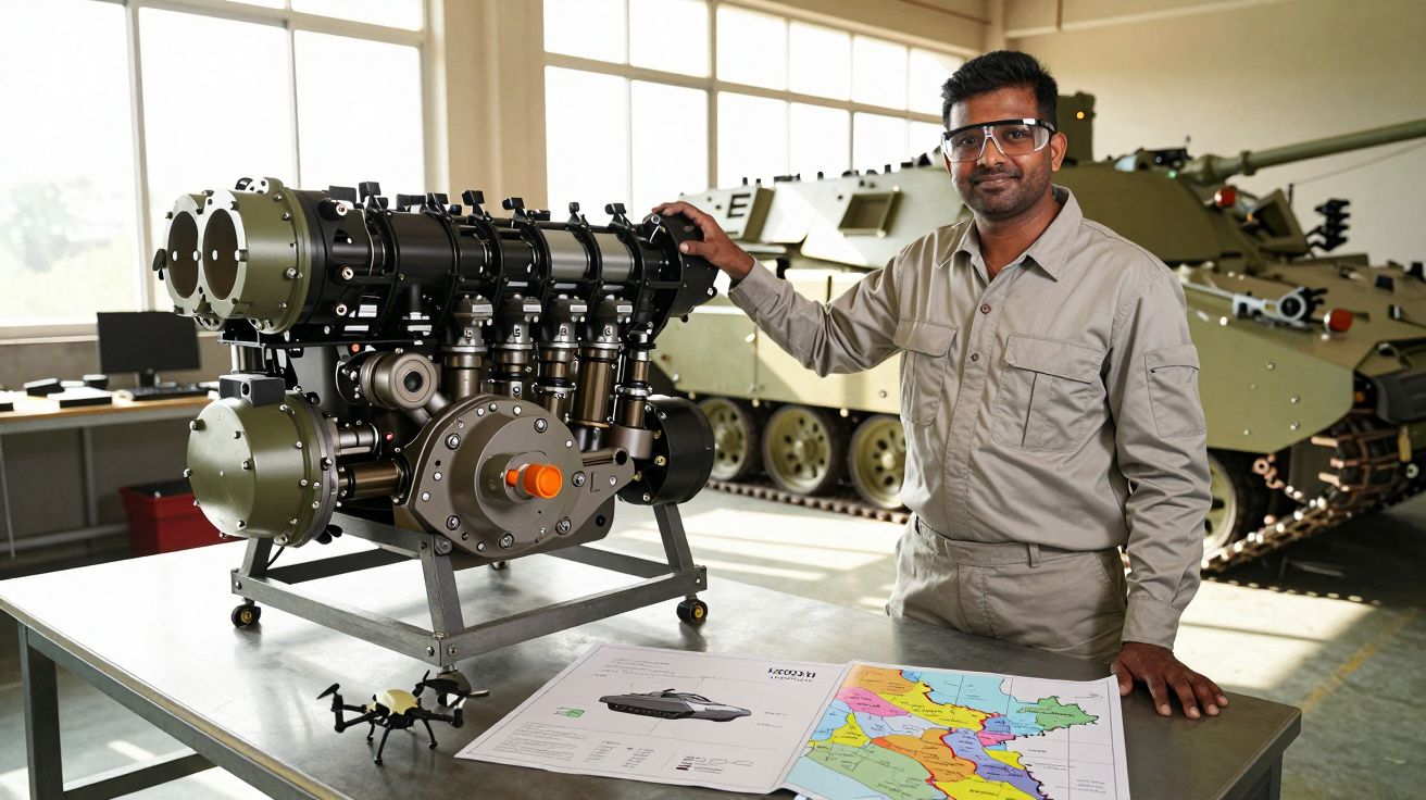 Engenheiro posa junto a modelo de motor na oficina com maquete de tanque e plantas técnicas na mesa.