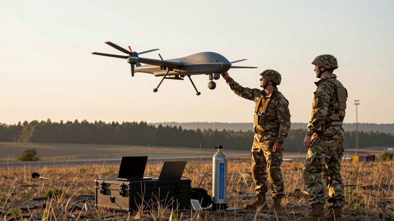 Dois soldados em uniforme militar preparam um drone de vigilância para voo em campo aberto ao pôr do sol.