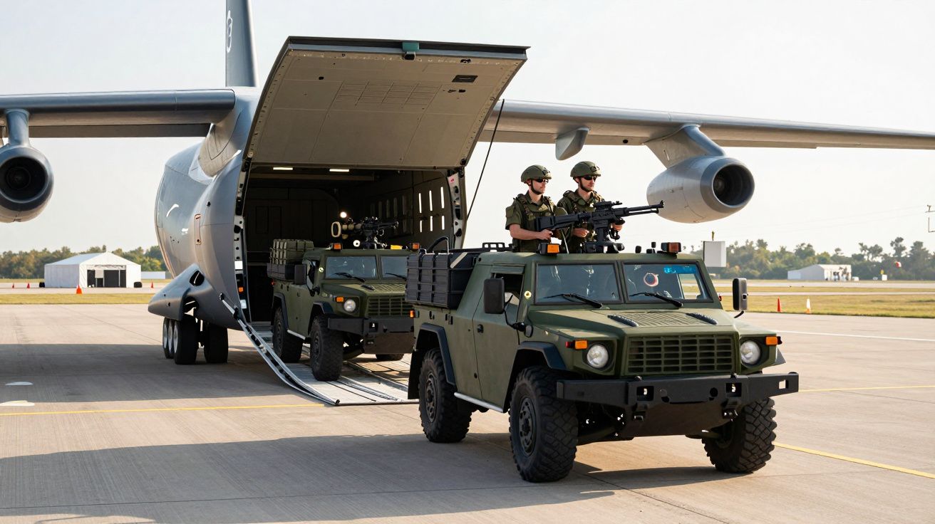 Dois veículos militares verdes saem de um avião de transporte com soldados armados em cima.