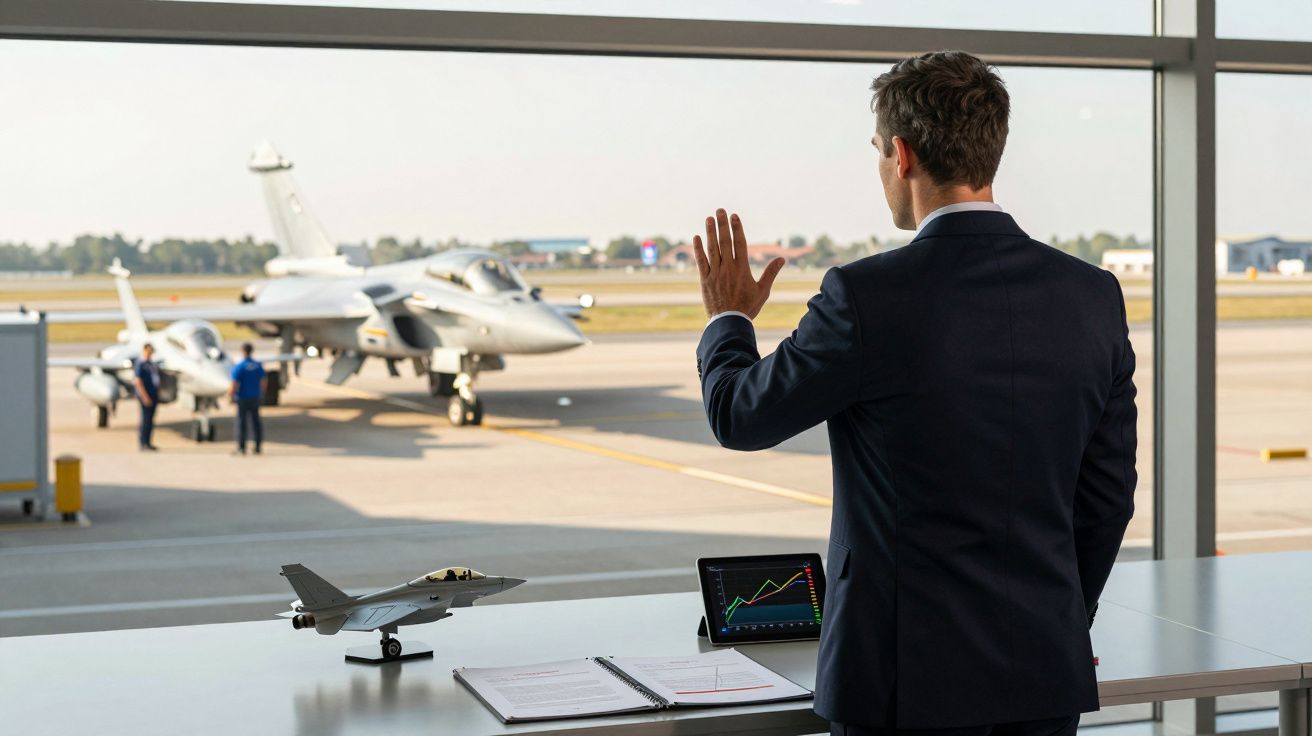 Homem de fato a despedir-se em aeroporto com avião de combate e maquete sobre a mesa.