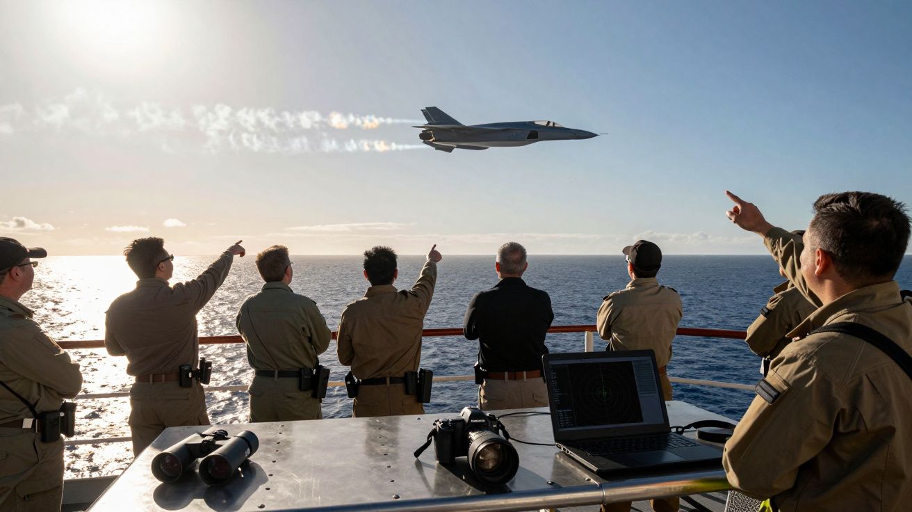 Pessoas em uniforme observam e apontam para um jato militar a voar baixo sobre o mar durante o dia.