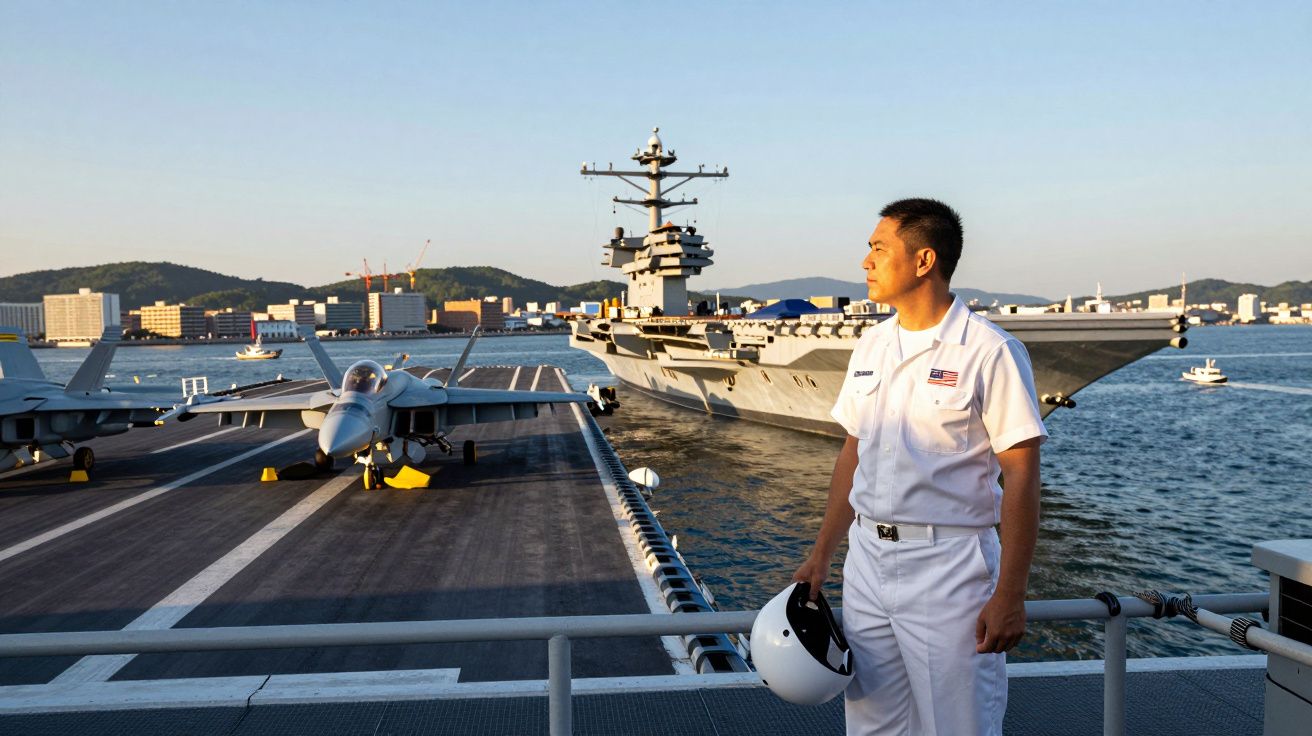 Homem em uniforme branco de marinheiro observa porta-aviões e avião num cais junto ao mar ao pôr do sol.