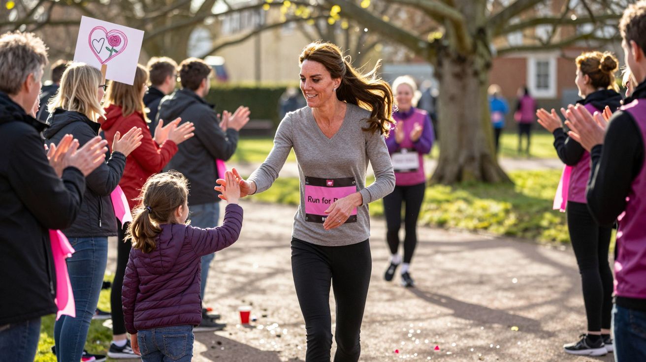 Mulher a correr cumprimenta menina durante prova de corrida com público a aplaudir ao ar livre.