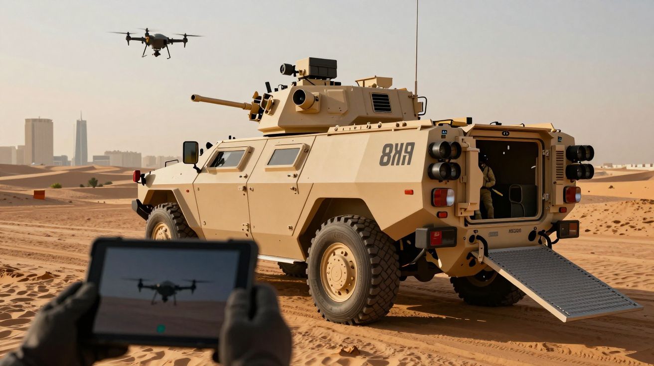 Veículo blindado e drone em deserto, com pessoa a controlar drone através de tablet.