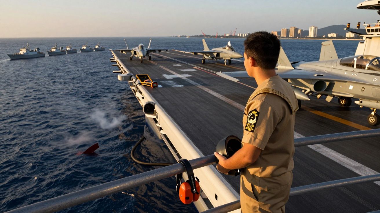 Homem com uniforme militar observa porta-aviões com aviões e barcos no mar ao pôr do sol.