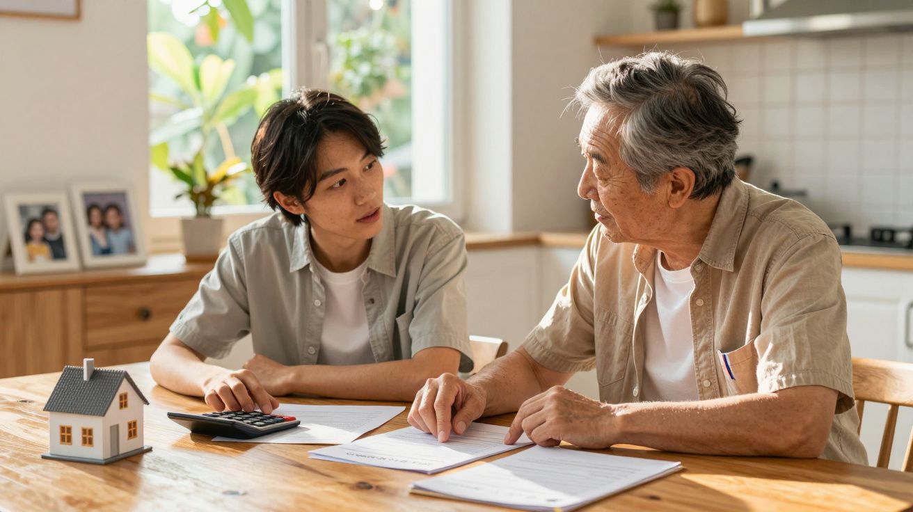 Homem jovem e idoso a discutir documentos financeiros numa cozinha com miniatura de casa na mesa.