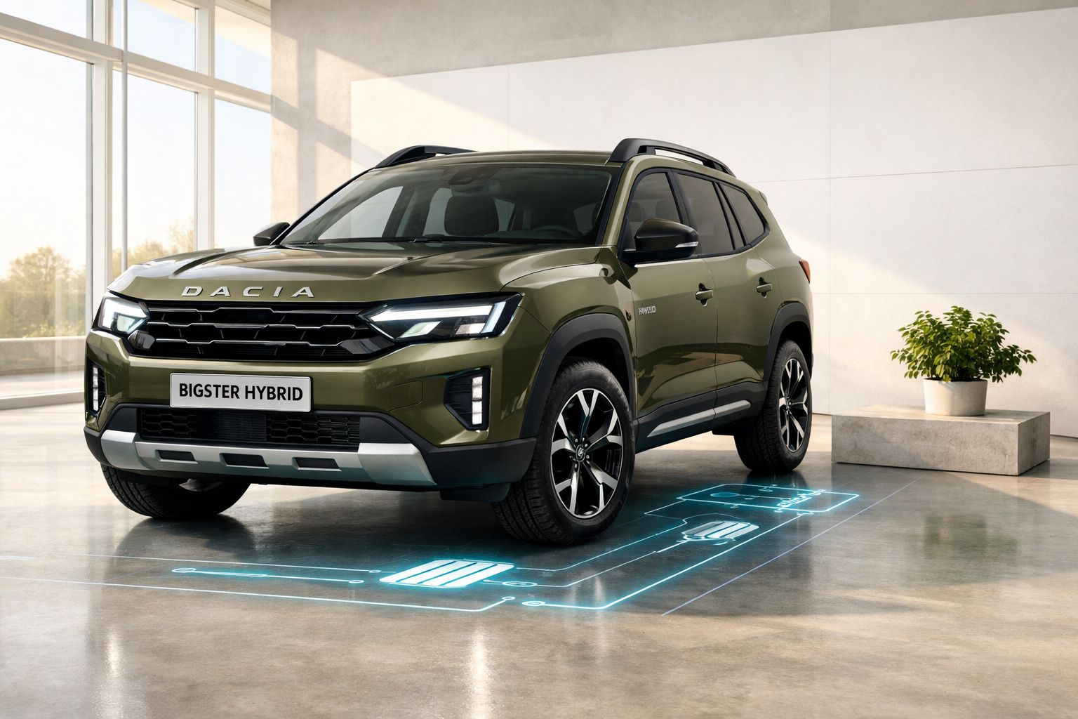 SUV Dacia Bigster Hybrid verde estacionado em espaço interno moderno com chão refletor.