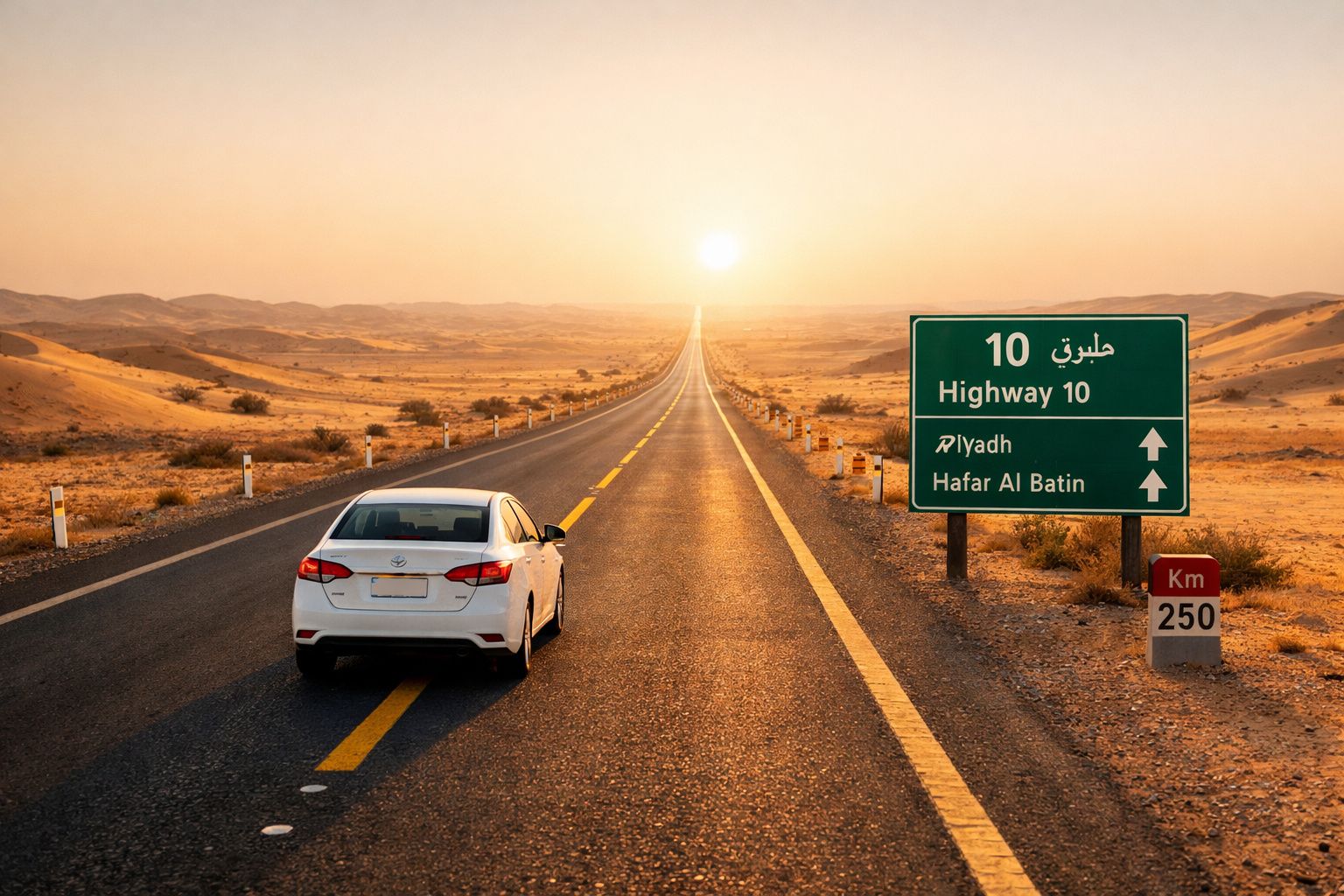 Carro branco conduz na autoestrada 10 no deserto ao pôr do sol, com placa indicando Riyadh e Hafar Al Batin.