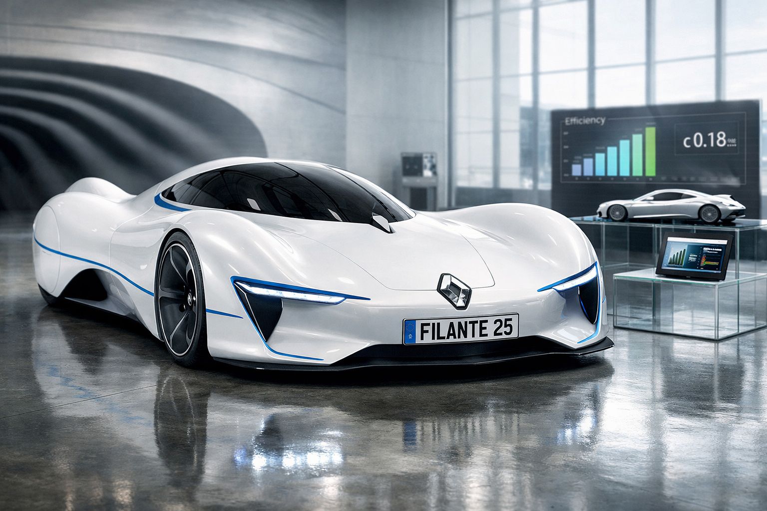 Carro desportivo elétrico branco e futurista com painéis digitais num interior moderno e minimalista.