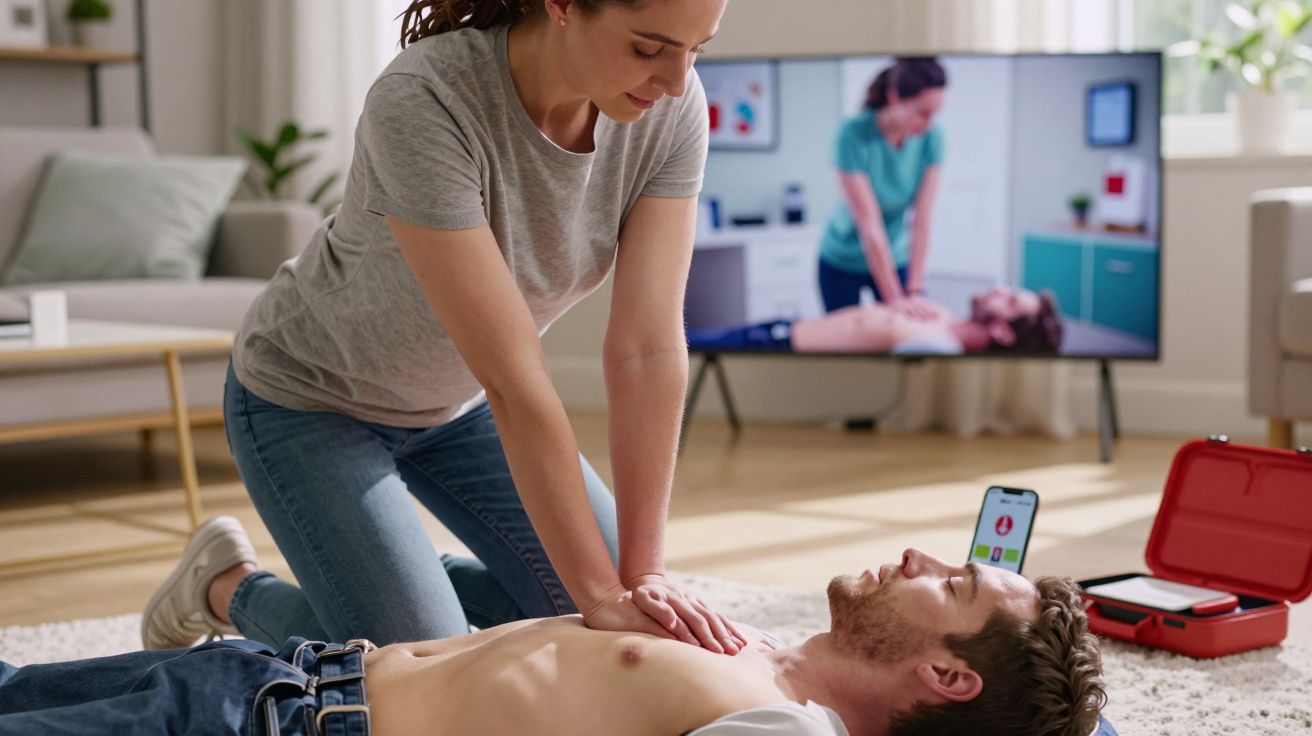Mulher a praticar reanimação cardiopulmonar num homem no chão, seguindo instruções no televisor.