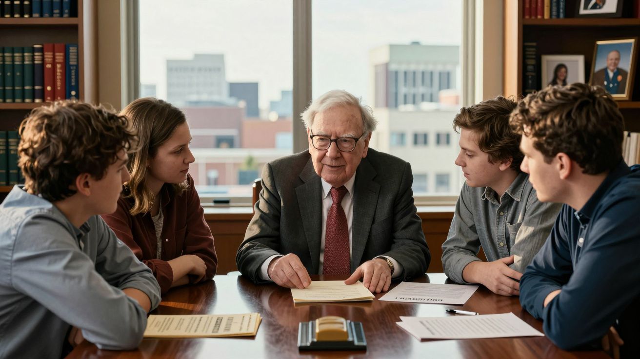 Homem idoso em fato a explicar documentos a quatro jovens sentados à sua volta numa sala de reuniões.